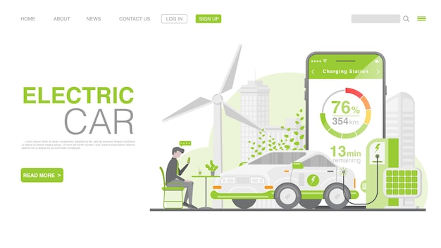 EV Car Or Electric Car At Charging Station Landing Page