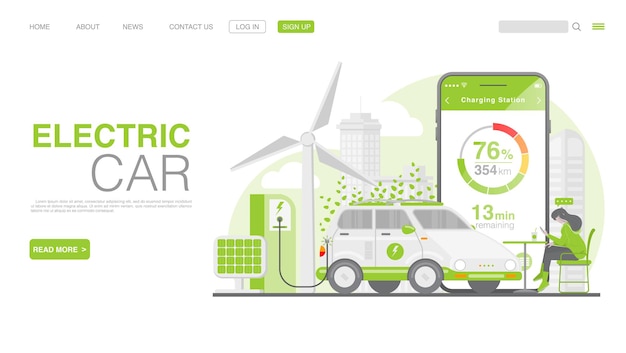 EV Car Or Electric Car At Charging Station Landing Page