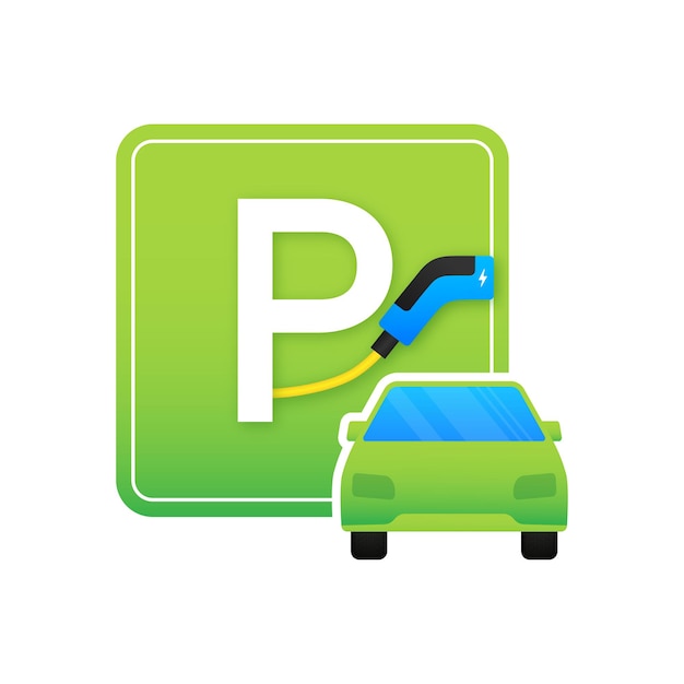 EV charging station parking sign. Electric vehicle charging. Vector stock illustration.