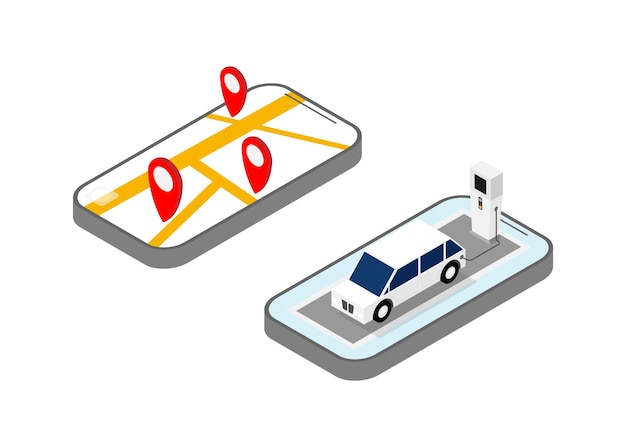 Ev station and the car electric during charge in isometric graphic