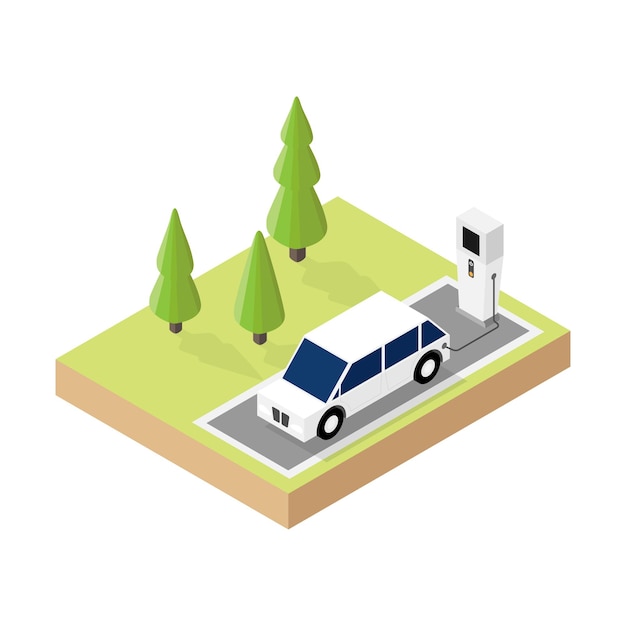 Ev station and the car electric during charge in isometric graphic