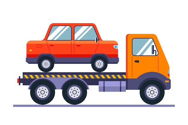 Evacuation of a broken car on special equipment flat illustration