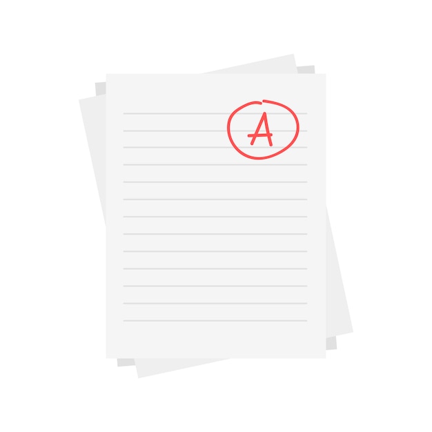 Evaluation system. Letters and grades of the teacher on paper. Vector flat illustration