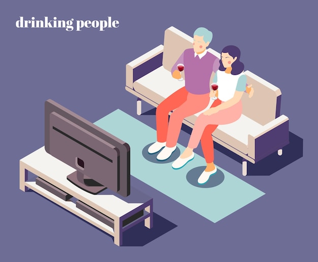 Evening at home isometric composition with couple drinking and watching TV