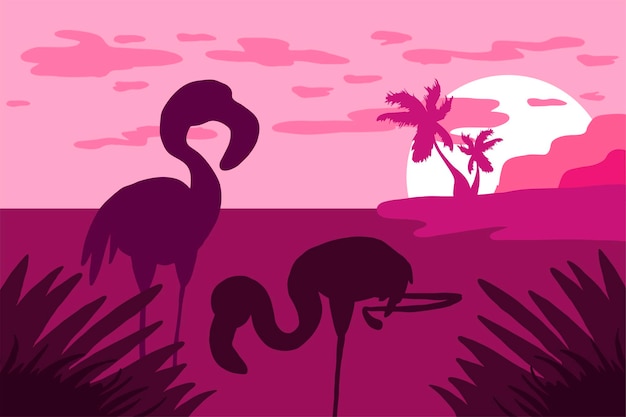 Evening landscape with flamingo silhouette flat illustration. Wildlife nature minimalistic background