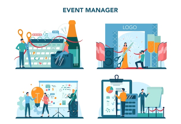 Event manager or service concept set. Celebration or meeting organization. Planning of pr company for business. Creative modern profession. Isolated vector illustration