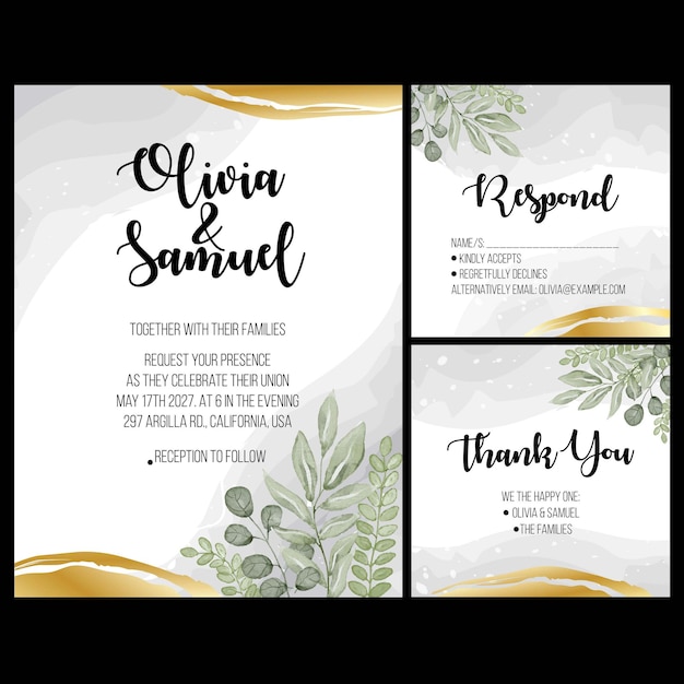 Ever Green Floral Leaves Wedding Invitation Watercolor Soft Gold Designround with Gold Brush