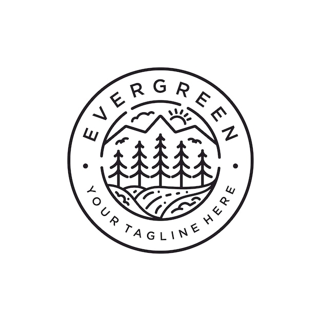 Evergreen Pine Tree Forest and Creek River for Camp Adventure Vintage Hipster Logo