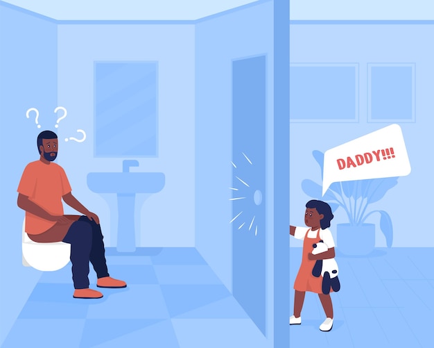 Everyday parent stress flat color vector illustration. Father in bathroom while toddler demands attention. Little girl yell for father. Family 2D cartoon characters with home interior on background