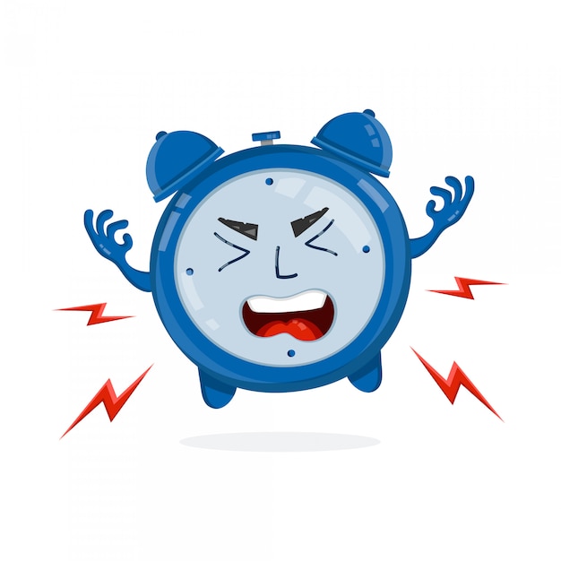 Evil angry alarm clock.  flat illustration icon . Isolated on white . Morning 