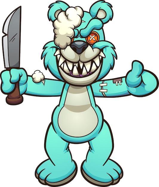 Evil blue Teddy bear holding a kitchen knife