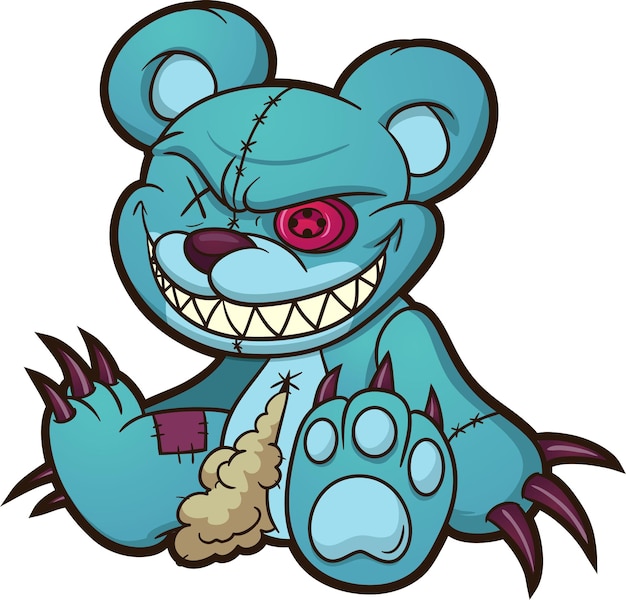 Evil blue teddy bear sitting down illustration