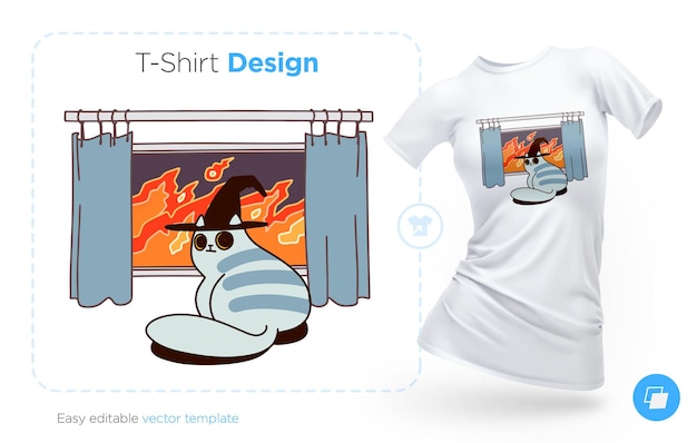 Vector evil cat sitting on a fire background tshirt design