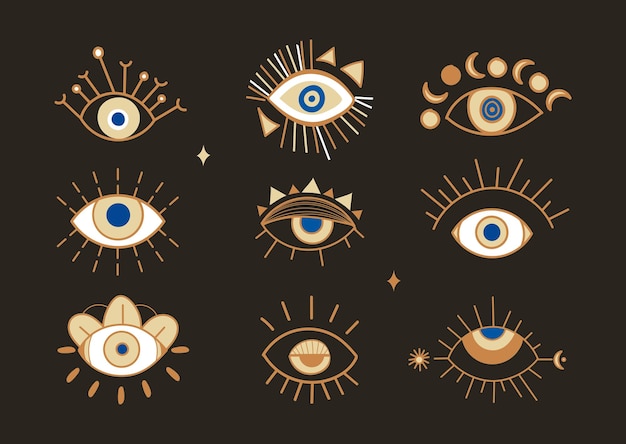 Vector evil eye abstract set stickers with magical attributes that protect person design elements for