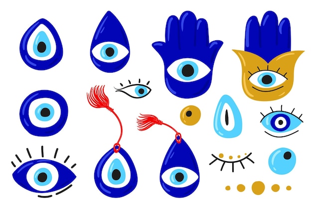 Evil eyes Set of hand drawn different mascots Evil eye Hamsa Hand of Fatima Eye of Providence