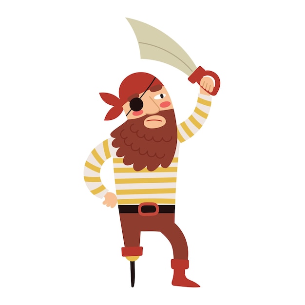 An evil oneeyed bearded pirate with a prosthesis instead of a leg holds a sword in his hands Hand drawn cartoon vector illustration isolated on white background