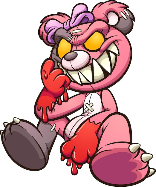 Evil pink teddy bear with bloody hands sitting down