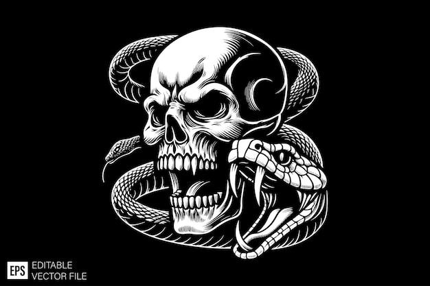 Evil Skull head tied by snake vector illustration design templates