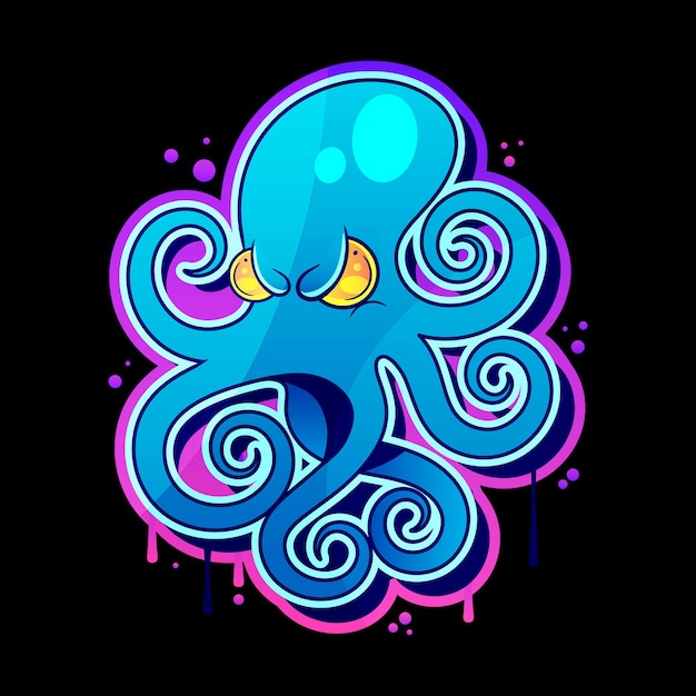 Evil skulloctopus mascot in engraving technique Vector illustration isolated