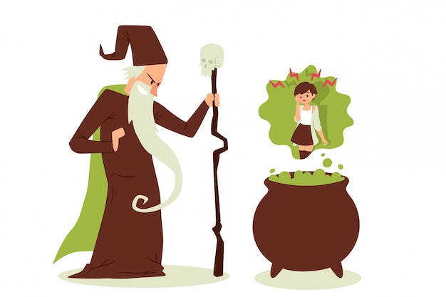 Evil sorcerer cast spell on woman, old wizard with beard and staff, 