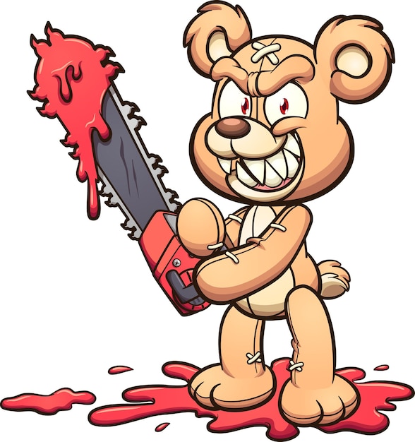 Evil teddy bear holding a chainsaw and smiling