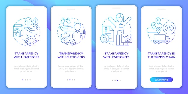 Examples of transparency blue gradient onboarding mobile app screen Walkthrough 4 steps graphic instructions pages with linear concepts UI UX GUI template Myriad ProBold Regular fonts used