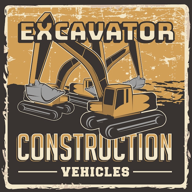 Excavator Construction Vehicles Illustration Retro Rustic Vector