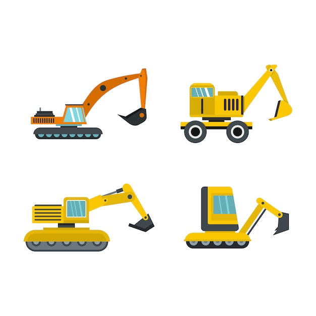 Excavator icon set. Flat set of excavator vector icons collection isolated