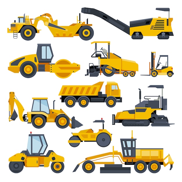 Excavator road construction digger or bulldozer excavating with shovel and excavation machinery illustration set of constructive vehicles and digging machine isolated on white background