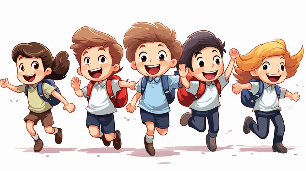 Vector excited children having fun jumping in sacks at school illustration