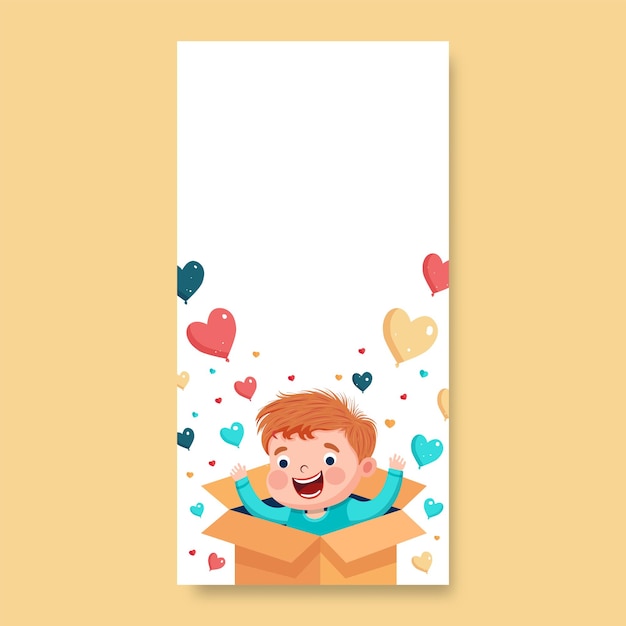 Excited Cute Boy With Heart Balloons Coming Out From Inside Surprise Box And Copy Space Vertical Banner Or Template Design