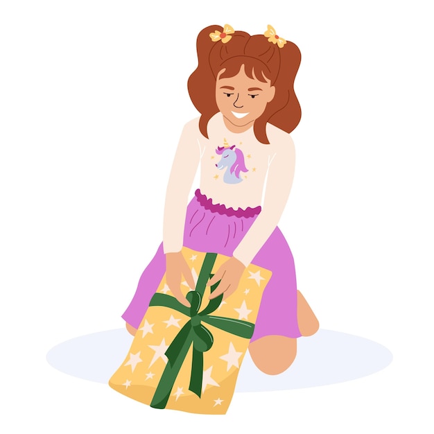 Excited cute little girl unwrapping gift box Holiday or birthday present Vector cartoon character