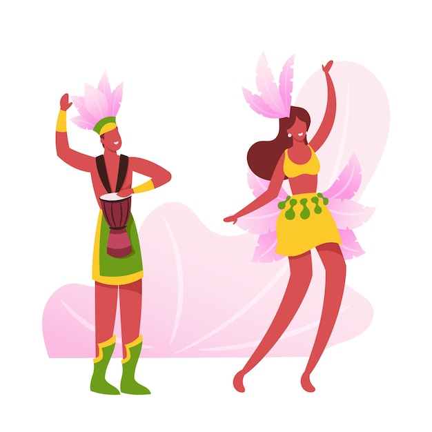 Excited Drummer Playing Drums, Beautiful Girl in Feather Dress Dancing Samba. Cartoon Flat Illustration