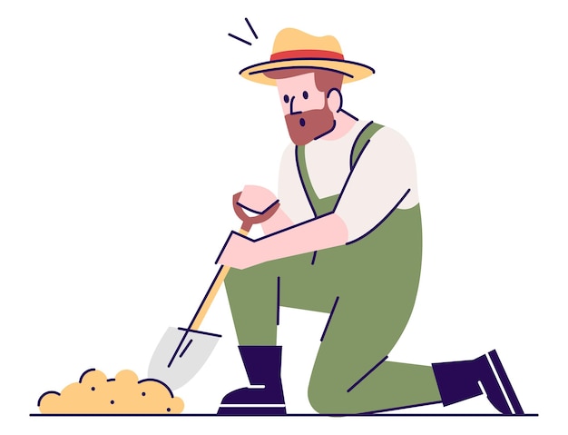 Excited farmer with shovel semi flat RGB color vector illustration. Sitting figure. Historical research. Person with experience in archaeological field isolated cartoon character on white background