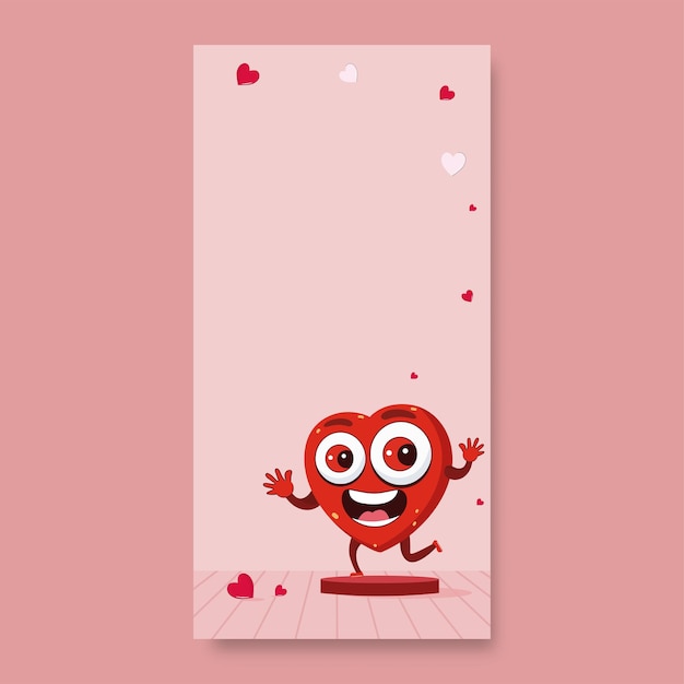 Excited Heart Mascot On Podium With Tiny Red Hearts On Pink Plank Texture Background And Copy Space