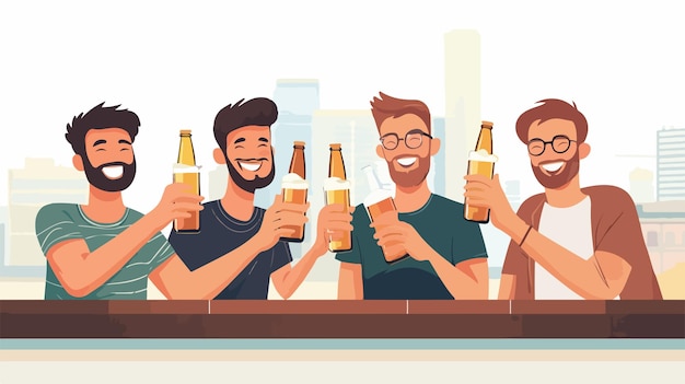 Vector excited male friends cheers with beer bottles