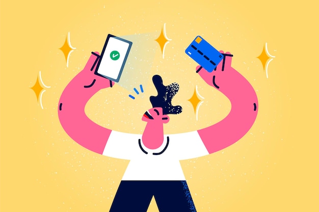 Excited man make online payment on smartphone with credit or debit card. Smiling guy pay on internet with banking app on cellphone. Shopping on web. Successful transaction. Vector illustration.