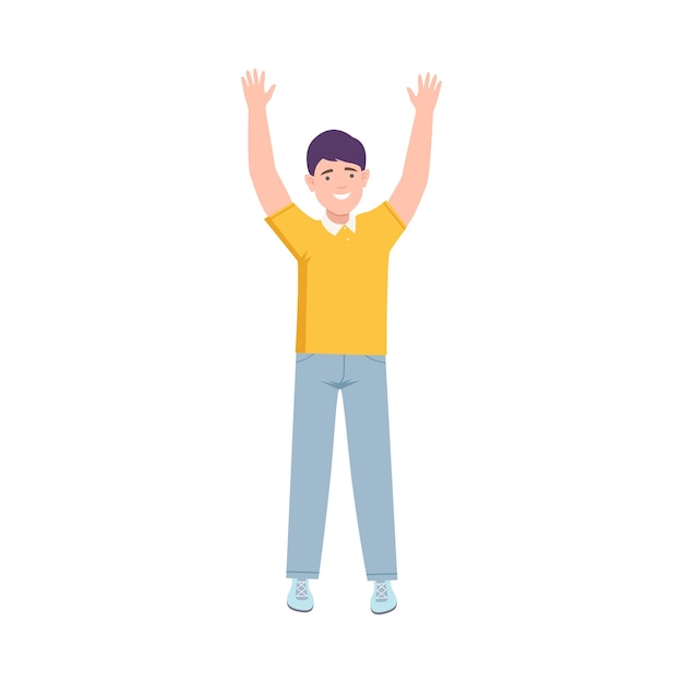 Vector excited man up with hands cheering about something vector illustration