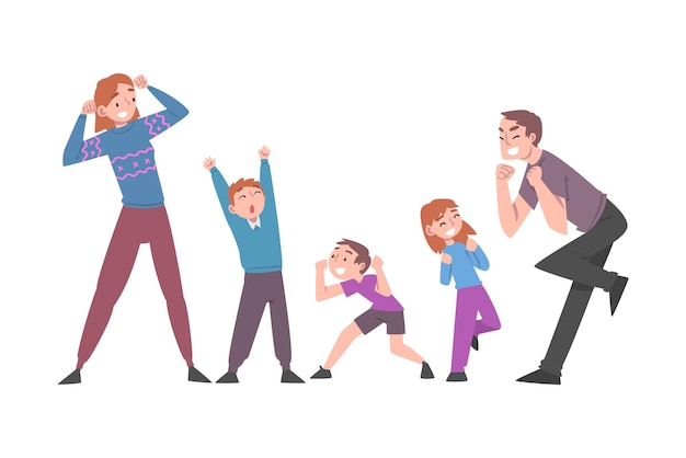 Excited Mom Dad and Kids Celebrating Victory Expressing Succes and Positive Emotions Cartoon Vector Illustration