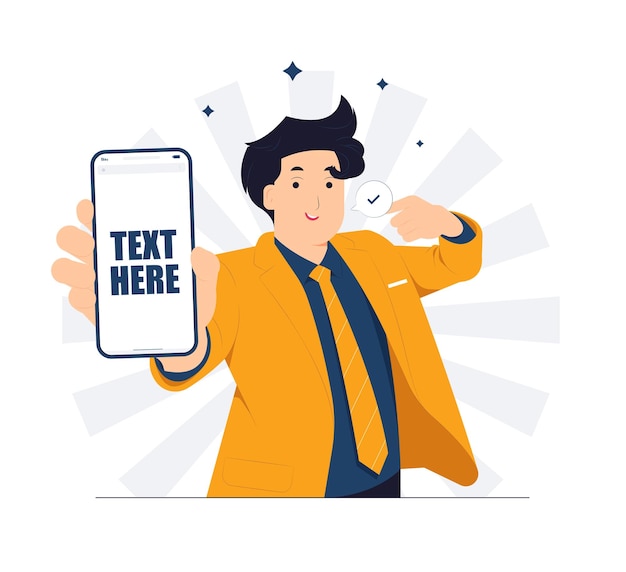 Excited Smiling businessman holding mobile smart phone standing while pointing and showing thumbs up positive gesture Ok sign concept illustration