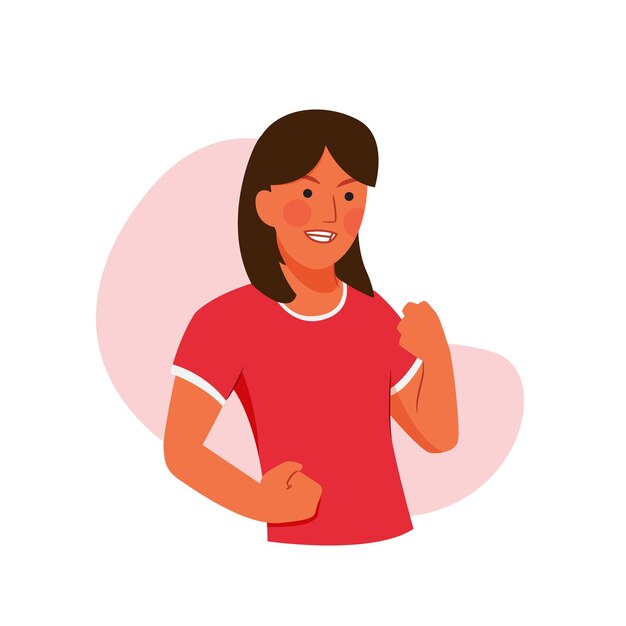 Vector excited woman celebrating indonesian independence day holding flag with fist in the air