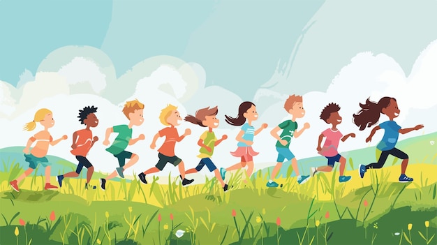 Vector exciting scene of children running outdoors in vector style illustration