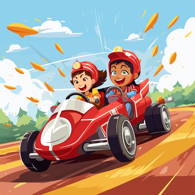 Vector exciting soapbox derby scene with children racing car illustration