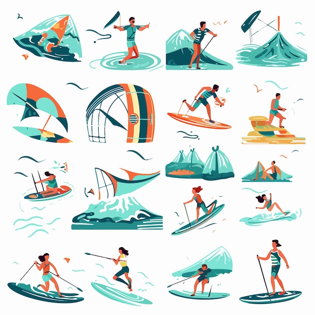 Vector exciting water sports activities with people riding floating and surfing