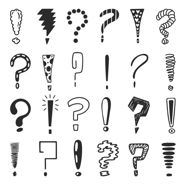 Vector exclamation and question points sketch interrogation marks grunge scribble question exclamations signs problem or thinking neoteric vector symbols of exclamation mark sketch illustration