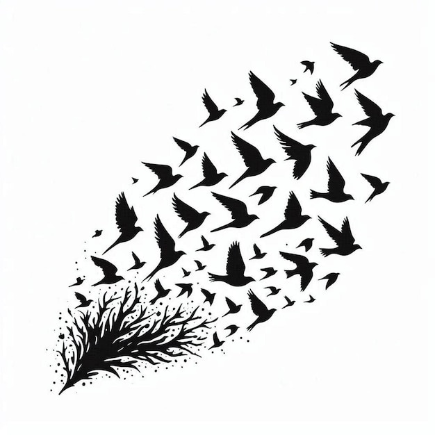 Exclusive art Silhouette A Flock of Birds Contour Drawing white black white background