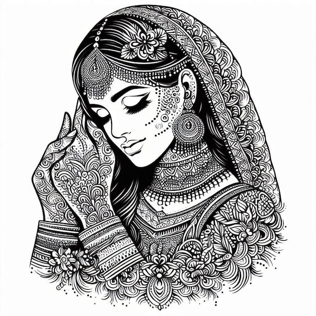 exclusive DulhaDulhan Portrait Mehndi Design Simple Design for High Quality vector Black and White