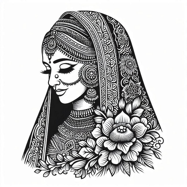 Vector exclusive dulhadulhan portrait mehndi design simple design for high quality vector black and white