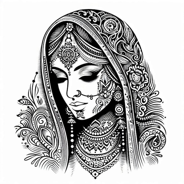 exclusive DulhaDulhan Portrait Mehndi Design Simple Design for High Quality vector Black and White