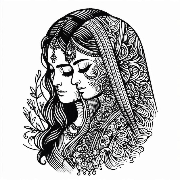 exclusive DulhaDulhan Portrait Mehndi Design Simple Design for High Quality vector Black and White